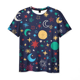Мужская футболка 3D с принтом Звездное небо в Новосибирске, 100% полиэфир | прямой крой, круглый вырез горловины, длина до линии бедер | абстракция | арт | звезды | космос | луна | месяц | небо | планеты