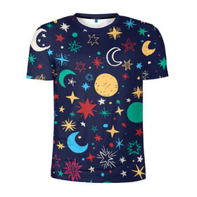 Мужская футболка 3D спортивная с принтом Звездное небо в Новосибирске, 100% полиэстер с улучшенными характеристиками | приталенный силуэт, круглая горловина, широкие плечи, сужается к линии бедра | абстракция | арт | звезды | космос | луна | месяц | небо | планеты