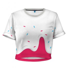 Женская футболка 3D укороченная с принтом KREME (original design) в Новосибирске, 100% полиэстер | круглая горловина, длина футболки до линии талии, рукава с отворотами | cherry | cream | design | red | sugar | vanilla | white | вишня | яркое