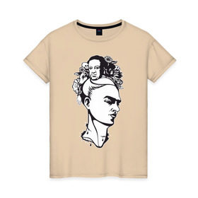 Женская футболка хлопок с принтом Фрида в Новосибирске, 100% хлопок | прямой крой, круглый вырез горловины, длина до линии бедер, слегка спущенное плечо | арт | девушка | женщина | любовь | мексика | портрет | фрида | художник | цветы | череп