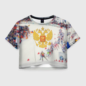 Женская футболка 3D укороченная с принтом Биатлон в Новосибирске, 100% полиэстер | круглая горловина, длина футболки до линии талии, рукава с отворотами | 