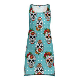 Платье-майка 3D с принтом Узор Черепа Чикано в Новосибирске, 100% полиэстер | полуприлегающий силуэт, широкие бретели, круглый вырез горловины, удлиненный подол сзади. | кости | мексика | мозаика | узор | цветы | череп | чикано