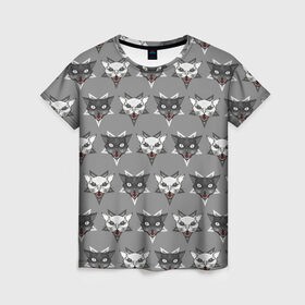 Женская футболка 3D с принтом Злые котики в Новосибирске, 100% полиэфир ( синтетическое хлопкоподобное полотно) | прямой крой, круглый вырез горловины, длина до линии бедер | дьявол | звезда | кот | котик | кошка | милота | пентаграмма | серый | юмор