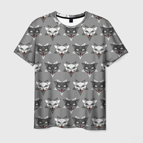 Мужская футболка 3D с принтом Злые котики в Новосибирске, 100% полиэфир | прямой крой, круглый вырез горловины, длина до линии бедер | дьявол | звезда | кот | котик | кошка | милота | пентаграмма | серый | юмор