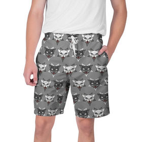 Мужские шорты 3D с принтом Злые котики в Новосибирске,  полиэстер 100% | прямой крой, два кармана без застежек по бокам. Мягкая трикотажная резинка на поясе, внутри которой широкие завязки. Длина чуть выше колен | дьявол | звезда | кот | котик | кошка | милота | пентаграмма | серый | юмор