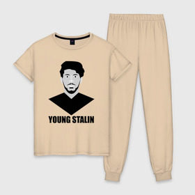 Женская пижама хлопок с принтом Young Stalin в Новосибирске, 100% хлопок | брюки и футболка прямого кроя, без карманов, на брюках мягкая резинка на поясе и по низу штанин | молодой | патриот | россия | советский | ссср | сталин