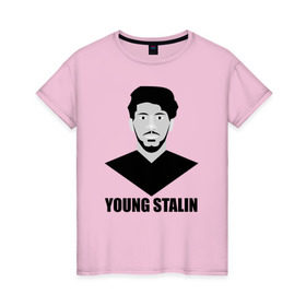 Женская футболка хлопок с принтом Young Stalin в Новосибирске, 100% хлопок | прямой крой, круглый вырез горловины, длина до линии бедер, слегка спущенное плечо | Тематика изображения на принте: молодой | патриот | россия | советский | ссср | сталин