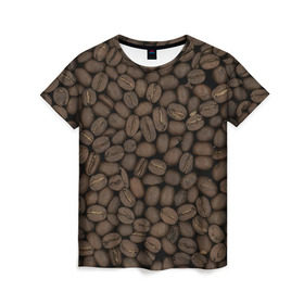 Женская футболка 3D с принтом Кофейные зёрна в Новосибирске, 100% полиэфир ( синтетическое хлопкоподобное полотно) | прямой крой, круглый вырез горловины, длина до линии бедер | coffee | coffee grains | grains | кофе | кофейные зёрна