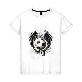 Женская футболка хлопок с принтом Футбольный мяч с крыльями в Новосибирске, 100% хлопок | прямой крой, круглый вырез горловины, длина до линии бедер, слегка спущенное плечо | грандж | игра | крылья | кубок | мяч | спорт | футбол