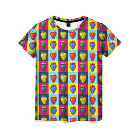Женская футболка 3D с принтом POP ART в Новосибирске, 100% полиэфир ( синтетическое хлопкоподобное полотно) | прямой крой, круглый вырез горловины, длина до линии бедер | popart | клубника | поп арт | ягоды