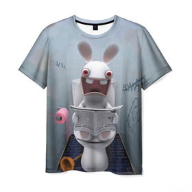 Мужская футболка 3D с принтом Кролик с газетой в Новосибирске, 100% полиэфир | прямой крой, круглый вырез горловины, длина до линии бедер | Тематика изображения на принте: rabbids | вантуз | горшок | зайцы засранцы | заяц | туалет