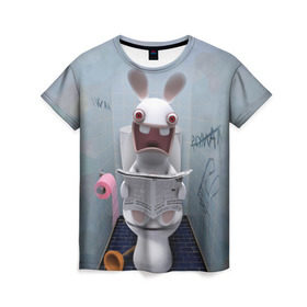 Женская футболка 3D с принтом Кролик с газетой в Новосибирске, 100% полиэфир ( синтетическое хлопкоподобное полотно) | прямой крой, круглый вырез горловины, длина до линии бедер | rabbids | вантуз | горшок | зайцы засранцы | заяц | туалет