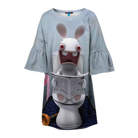 Детское платье 3D с принтом Кролик с газетой в Новосибирске, 100% полиэстер | прямой силуэт, чуть расширенный к низу. Круглая горловина, на рукавах — воланы | Тематика изображения на принте: rabbids | вантуз | горшок | зайцы засранцы | заяц | туалет