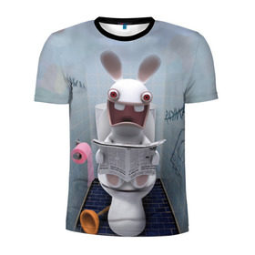 Мужская футболка 3D спортивная с принтом Кролик с газетой в Новосибирске, 100% полиэстер с улучшенными характеристиками | приталенный силуэт, круглая горловина, широкие плечи, сужается к линии бедра | rabbids | вантуз | горшок | зайцы засранцы | заяц | туалет