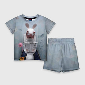 Детский костюм с шортами 3D с принтом Кролик с газетой в Новосибирске,  |  | Тематика изображения на принте: rabbids | вантуз | горшок | зайцы засранцы | заяц | туалет