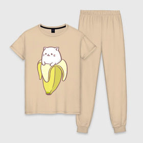 Женская пижама хлопок с принтом Бананька в Новосибирске, 100% хлопок | брюки и футболка прямого кроя, без карманов, на брюках мягкая резинка на поясе и по низу штанин | бананька