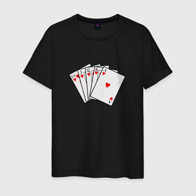 Мужская футболка хлопок с принтом Флэш Рояль в Новосибирске, 100% хлопок | прямой крой, круглый вырез горловины, длина до линии бедер, слегка спущенное плечо. | казино | карты | покер | туз | червы
