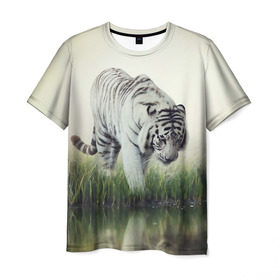 Мужская футболка 3D с принтом Белый тигр в Новосибирске, 100% полиэфир | прямой крой, круглый вырез горловины, длина до линии бедер | дикая кошка | природа | тигр | хищник