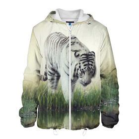 Мужская куртка 3D с принтом Белый тигр в Новосибирске, ткань верха — 100% полиэстер, подклад — флис | прямой крой, подол и капюшон оформлены резинкой с фиксаторами, два кармана без застежек по бокам, один большой потайной карман на груди. Карман на груди застегивается на липучку | дикая кошка | природа | тигр | хищник