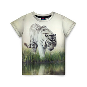 Детская футболка 3D с принтом Белый тигр в Новосибирске, 100% гипоаллергенный полиэфир | прямой крой, круглый вырез горловины, длина до линии бедер, чуть спущенное плечо, ткань немного тянется | Тематика изображения на принте: дикая кошка | природа | тигр | хищник