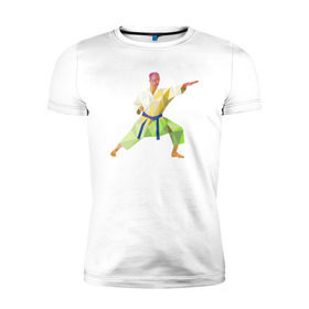 Мужская футболка премиум с принтом Каратист в Новосибирске, 92% хлопок, 8% лайкра | приталенный силуэт, круглый вырез ворота, длина до линии бедра, короткий рукав | геометрия | каратэ | полигональный | спорт