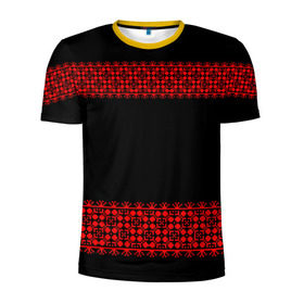 Мужская футболка 3D спортивная с принтом Славянский орнамент (на чёрном) в Новосибирске, 100% полиэстер с улучшенными характеристиками | приталенный силуэт, круглая горловина, широкие плечи, сужается к линии бедра | орнамент | россия | славяне | узор