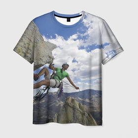 Мужская футболка 3D с принтом На пике славы в Новосибирске, 100% полиэфир | прямой крой, круглый вырез горловины, длина до линии бедер | Тематика изображения на принте: альпинист | горы | дерево | новинки | природа