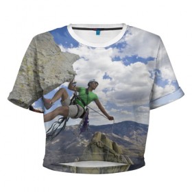 Женская футболка 3D укороченная с принтом На пике славы в Новосибирске, 100% полиэстер | круглая горловина, длина футболки до линии талии, рукава с отворотами | альпинист | горы | дерево | новинки | природа
