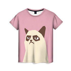 Женская футболка 3D с принтом Grumpy cat pink в Новосибирске, 100% полиэфир ( синтетическое хлопкоподобное полотно) | прямой крой, круглый вырез горловины, длина до линии бедер | Тематика изображения на принте: кот | мем | угрюмый