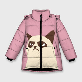 Зимняя куртка для девочек 3D с принтом Grumpy cat pink в Новосибирске, ткань верха — 100% полиэстер; подклад — 100% полиэстер, утеплитель — 100% полиэстер. | длина ниже бедра, удлиненная спинка, воротник стойка и отстегивающийся капюшон. Есть боковые карманы с листочкой на кнопках, утяжки по низу изделия и внутренний карман на молнии. 

Предусмотрены светоотражающий принт на спинке, радужный светоотражающий элемент на пуллере молнии и на резинке для утяжки. | Тематика изображения на принте: кот | мем | угрюмый