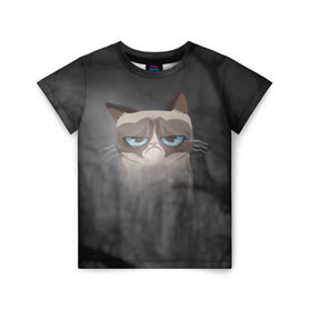 Детская футболка 3D с принтом Grumpy Cat в Новосибирске, 100% гипоаллергенный полиэфир | прямой крой, круглый вырез горловины, длина до линии бедер, чуть спущенное плечо, ткань немного тянется | Тематика изображения на принте: кот | мем | угрюмый