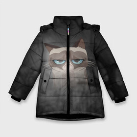 Зимняя куртка для девочек 3D с принтом Grumpy Cat в Новосибирске, ткань верха — 100% полиэстер; подклад — 100% полиэстер, утеплитель — 100% полиэстер. | длина ниже бедра, удлиненная спинка, воротник стойка и отстегивающийся капюшон. Есть боковые карманы с листочкой на кнопках, утяжки по низу изделия и внутренний карман на молнии. 

Предусмотрены светоотражающий принт на спинке, радужный светоотражающий элемент на пуллере молнии и на резинке для утяжки. | Тематика изображения на принте: кот | мем | угрюмый