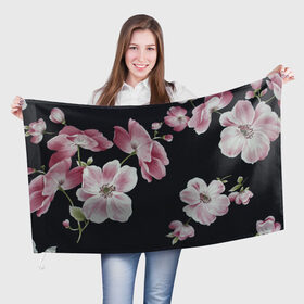 Флаг 3D с принтом Цветы на черном фоне в Новосибирске, 100% полиэстер | плотность ткани — 95 г/м2, размер — 67 х 109 см. Принт наносится с одной стороны | растения | стиль | цветы