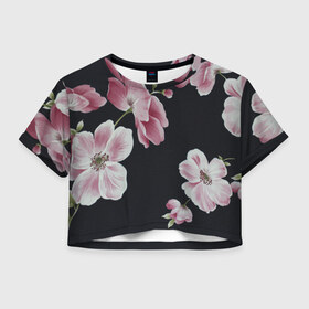 Женская футболка 3D укороченная с принтом Цветы на черном фоне в Новосибирске, 100% полиэстер | круглая горловина, длина футболки до линии талии, рукава с отворотами | Тематика изображения на принте: растения | стиль | цветы