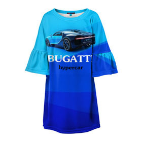 Детское платье 3D с принтом Bugatti hypercar в Новосибирске, 100% полиэстер | прямой силуэт, чуть расширенный к низу. Круглая горловина, на рукавах — воланы | Тематика изображения на принте: bugatti | chiron | hypercar | бугатти | гиперкар | суперкар | широн