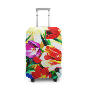 Чехол для чемодана 3D с принтом Тюльпаны в Новосибирске, 86% полиэфир, 14% спандекс | двустороннее нанесение принта, прорези для ручек и колес | букет | цветы | яркие
