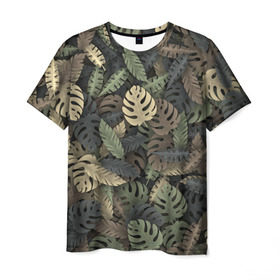 Мужская футболка 3D с принтом Тропический камуфляж в Новосибирске, 100% полиэфир | прямой крой, круглый вырез горловины, длина до линии бедер | джунгли | камуфляж | листья | милитари | монстера | пальма | природа