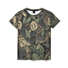 Женская футболка 3D с принтом Тропический камуфляж в Новосибирске, 100% полиэфир ( синтетическое хлопкоподобное полотно) | прямой крой, круглый вырез горловины, длина до линии бедер | Тематика изображения на принте: джунгли | камуфляж | листья | милитари | монстера | пальма | природа