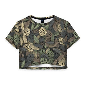 Женская футболка 3D укороченная с принтом Тропический камуфляж в Новосибирске, 100% полиэстер | круглая горловина, длина футболки до линии талии, рукава с отворотами | Тематика изображения на принте: джунгли | камуфляж | листья | милитари | монстера | пальма | природа