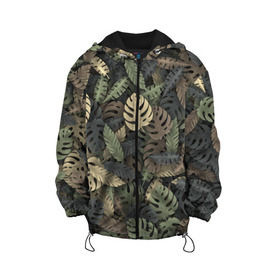 Детская куртка 3D с принтом Тропический камуфляж в Новосибирске, 100% полиэстер | застежка — молния, подол и капюшон оформлены резинкой с фиксаторами, по бокам — два кармана без застежек, один потайной карман на груди, плотность верхнего слоя — 90 г/м2; плотность флисового подклада — 260 г/м2 | джунгли | камуфляж | листья | милитари | монстера | пальма | природа