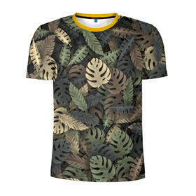 Мужская футболка 3D спортивная с принтом Тропический камуфляж в Новосибирске, 100% полиэстер с улучшенными характеристиками | приталенный силуэт, круглая горловина, широкие плечи, сужается к линии бедра | Тематика изображения на принте: джунгли | камуфляж | листья | милитари | монстера | пальма | природа