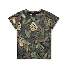 Детская футболка 3D с принтом Тропический камуфляж в Новосибирске, 100% гипоаллергенный полиэфир | прямой крой, круглый вырез горловины, длина до линии бедер, чуть спущенное плечо, ткань немного тянется | джунгли | камуфляж | листья | милитари | монстера | пальма | природа