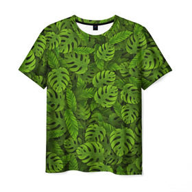 Мужская футболка 3D с принтом Тропические листья в Новосибирске, 100% полиэфир | прямой крой, круглый вырез горловины, длина до линии бедер | Тематика изображения на принте: джунгли | монстера | пальма | растения | тропики