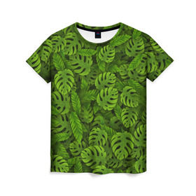 Женская футболка 3D с принтом Тропические листья в Новосибирске, 100% полиэфир ( синтетическое хлопкоподобное полотно) | прямой крой, круглый вырез горловины, длина до линии бедер | Тематика изображения на принте: джунгли | монстера | пальма | растения | тропики