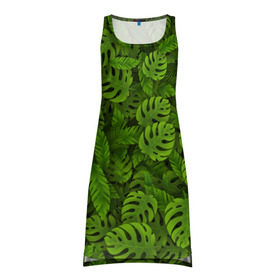 Платье-майка 3D с принтом Тропические листья в Новосибирске, 100% полиэстер | полуприлегающий силуэт, широкие бретели, круглый вырез горловины, удлиненный подол сзади. | Тематика изображения на принте: джунгли | монстера | пальма | растения | тропики