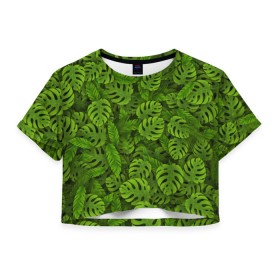 Женская футболка 3D укороченная с принтом Тропические листья в Новосибирске, 100% полиэстер | круглая горловина, длина футболки до линии талии, рукава с отворотами | Тематика изображения на принте: джунгли | монстера | пальма | растения | тропики