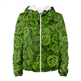 Женская куртка 3D с принтом Тропические листья в Новосибирске, ткань верха — 100% полиэстер, подклад — флис | прямой крой, подол и капюшон оформлены резинкой с фиксаторами, два кармана без застежек по бокам, один большой потайной карман на груди. Карман на груди застегивается на липучку | Тематика изображения на принте: джунгли | монстера | пальма | растения | тропики
