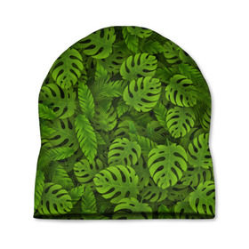 Шапка 3D с принтом Тропические листья в Новосибирске, 100% полиэстер | универсальный размер, печать по всей поверхности изделия | джунгли | монстера | пальма | растения | тропики