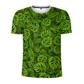 Мужская футболка 3D спортивная с принтом Тропические листья в Новосибирске, 100% полиэстер с улучшенными характеристиками | приталенный силуэт, круглая горловина, широкие плечи, сужается к линии бедра | Тематика изображения на принте: джунгли | монстера | пальма | растения | тропики