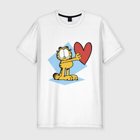 Мужская футболка премиум с принтом Гарфилд в Новосибирске, 92% хлопок, 8% лайкра | приталенный силуэт, круглый вырез ворота, длина до линии бедра, короткий рукав | Тематика изображения на принте: гарфилд | знак | кот | мультфильм